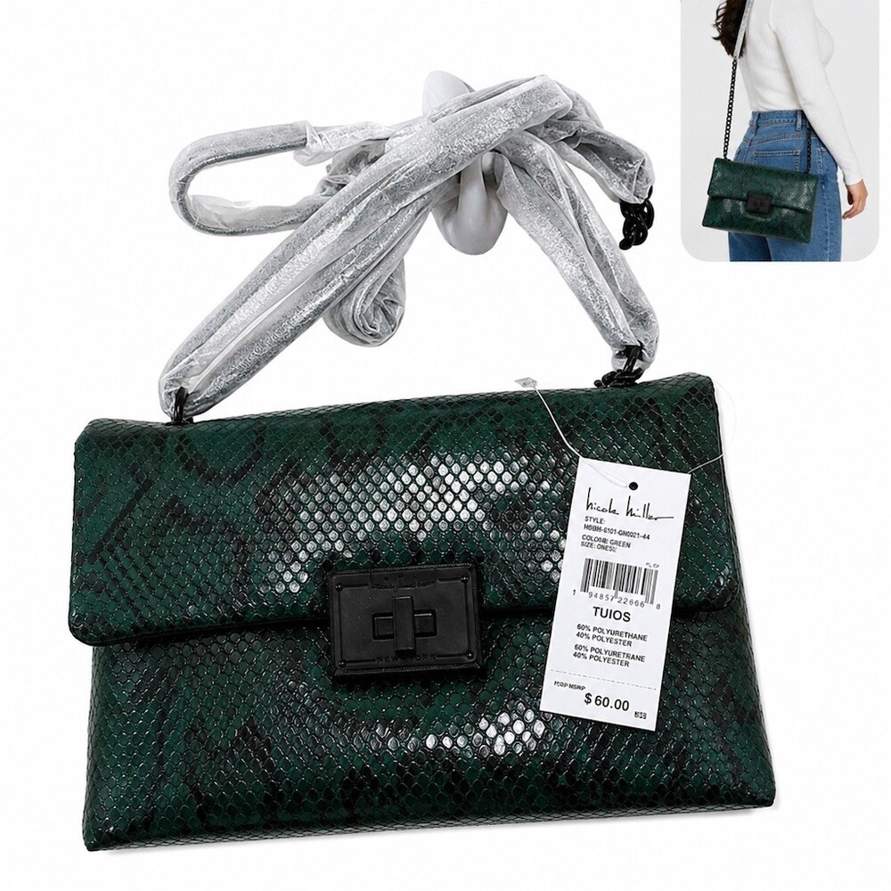$60 Nicole Miller New York Green Snake Embossed Crossbody shoulder Bag Chain new